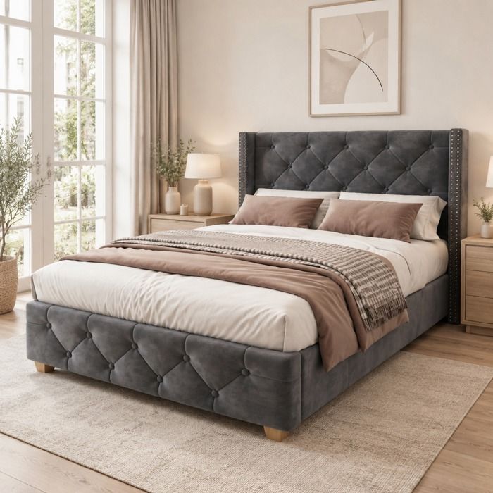 Lit combiné rembourré FloraGrace 90x200 cm velours gris tête capitonnée clous décoratifs 12 lattes incluses.