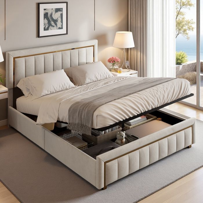 Lit 140x190 avec rangement - Lit double avec sommier à lattes - Lit avec rangement et bordure plaquée or -Andeonline - Velours beige