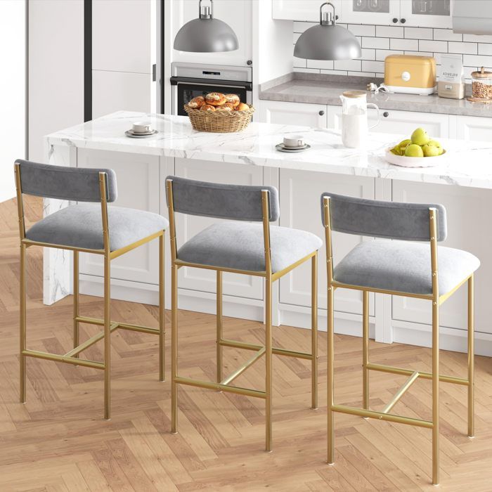 Garvee Ensemble 2 Tabourets de Bar avec Dossier et Repose-pieds Rembourrés pour Îlot de Cuisine ou Salle à Manger Gris et Or