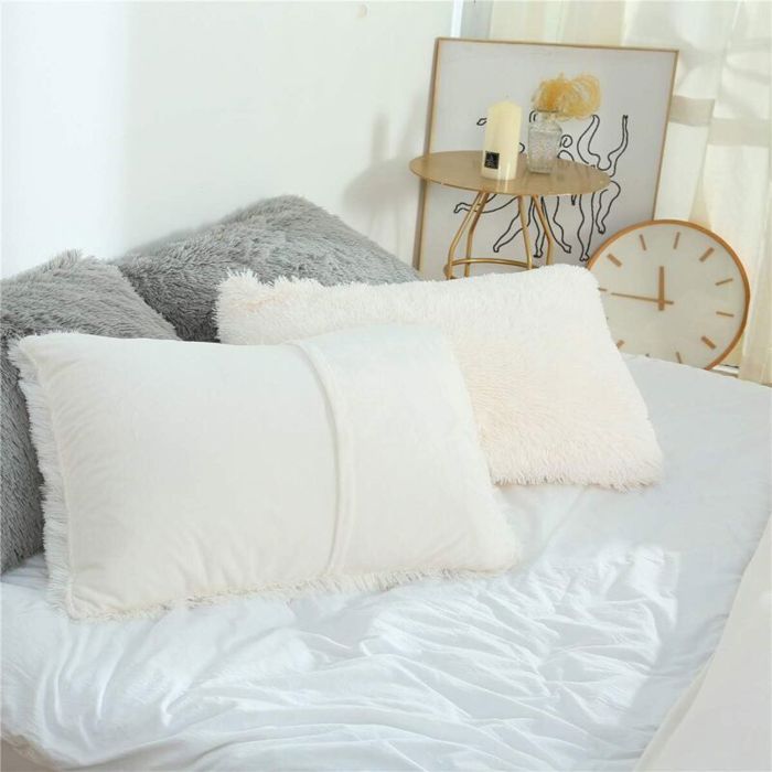 Taies doreiller en polaire douce - MICH - Fermeture éclair - Lot de 2 - Blanches - 50x70 cm