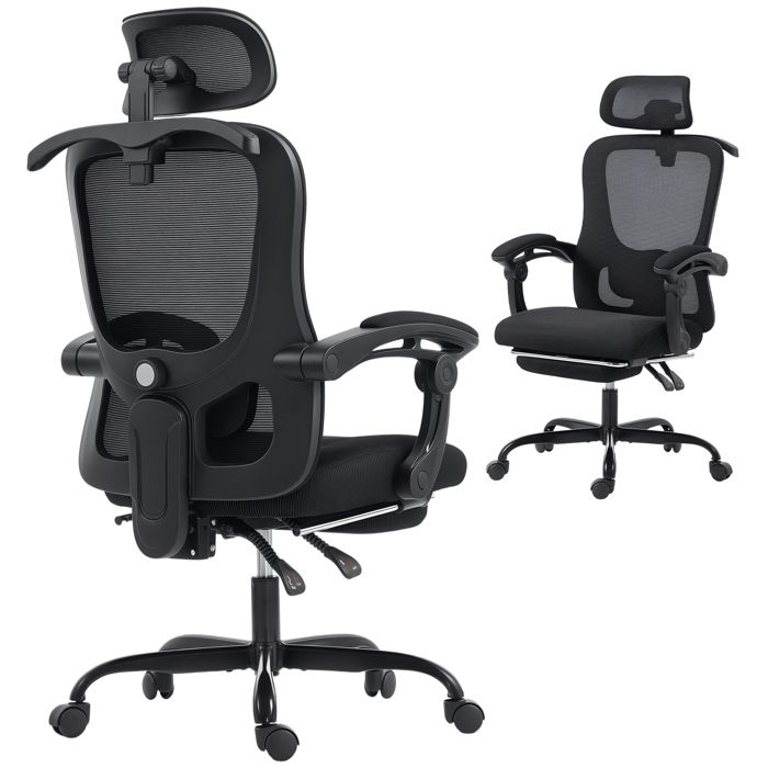 Chaise de bureau - HOMCOM - ergonomique - appuie-tête réglable hauteur réglable support lombaire - maille - 64x64x124cm - noir