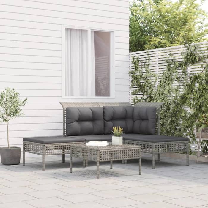 NEW 2026 Salon de jardin lot de 5 Meuble pour 4 personnes avec coussins Gris Résine tressée 65x65x75 cm S1722