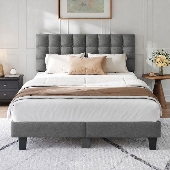 HavenlyHome Lit 140x190 Lin Gris Anthracite Tête de Lit Capitonnée Sommier Inclus Design Élégant Lit Double Adulte