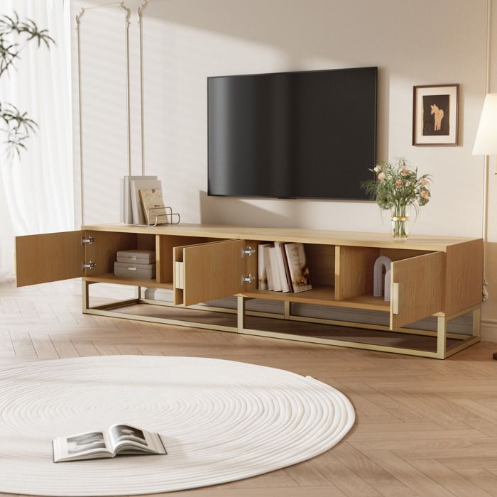 VLIVRA Meuble tv design moderne - 4 portes avec poignées demi-lune et charnières soft-close détails dorés mdf  180×40×40 cm