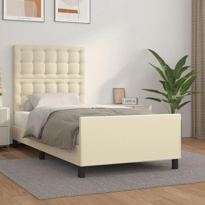 Crème Lit simple:90x190 cm - Design classique - Structure de lit - crème 90x190 cm similicuir 47067984334787