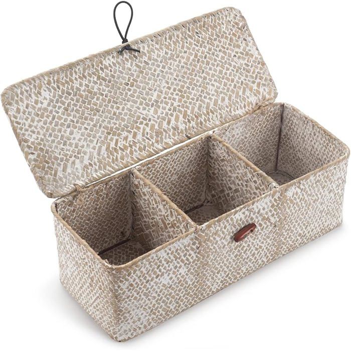 Panier Rangement Jonc de Mer avec Couvercle Rectanguires Malle en Osier avec Compartiment pour Bnc 3 Sections avec Couvercle