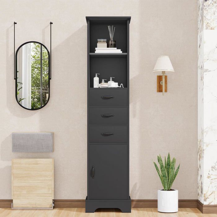 Armoire de salle de bain-entièrement laquée pour résistance à lhumidité-trois tiroirs-doubles étagères ouvertes-noir-38x26x172.5cm