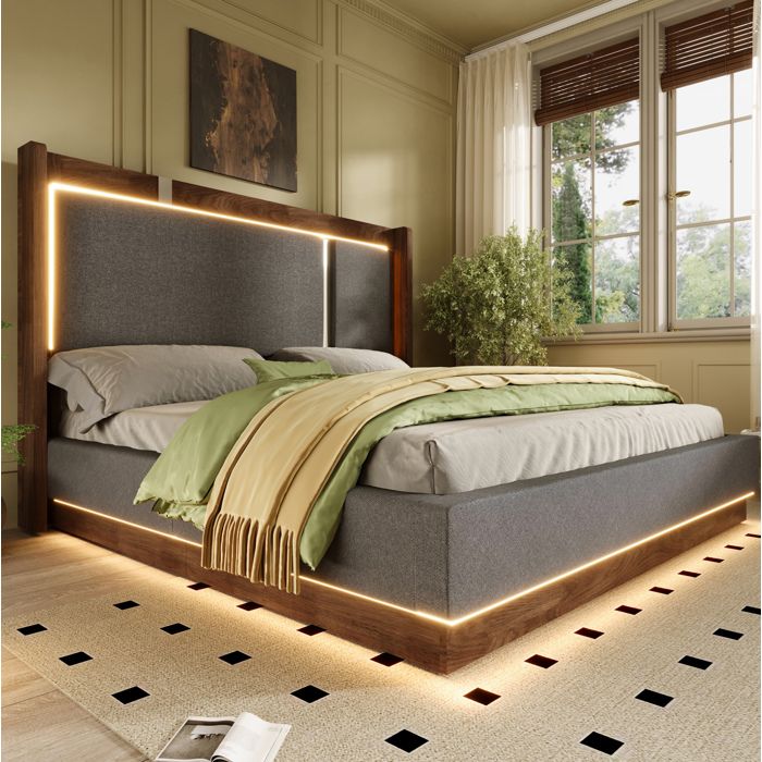 Lit coffre 160x200 cm EVRYAE - avec LED et rangement hydraulique sans matelas - Lin + bois - Gris et noyer