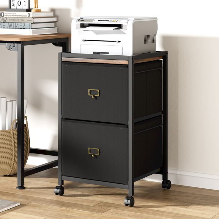 Desserte de bureau Caisson Mobile 2 tiroirs en tissu Classeur mobile Caisson de rangement roulettes A4 Noir