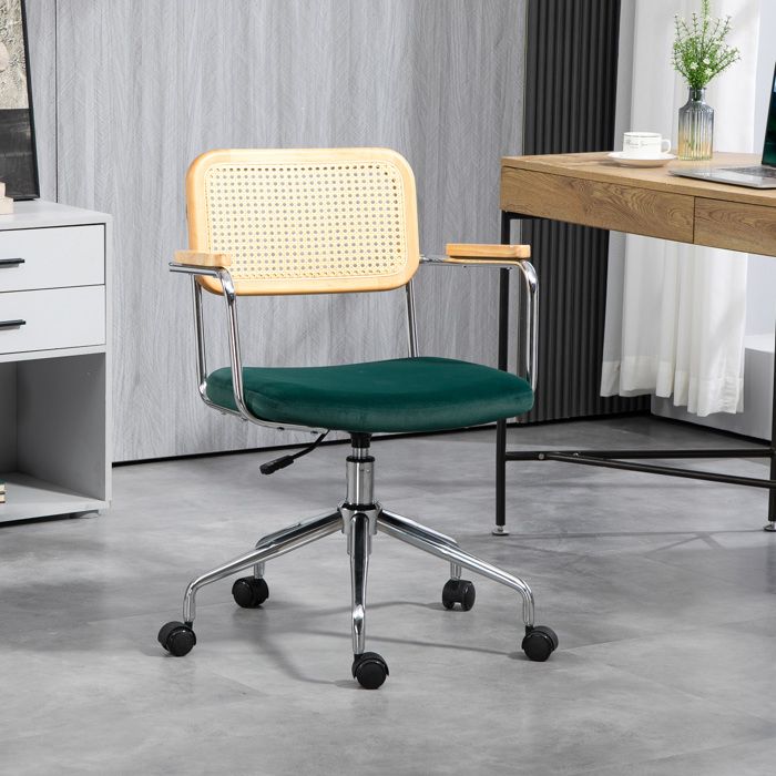 Chaise de bureau - Style bohème - Vert - Dossier rotin - Assise aspect velours