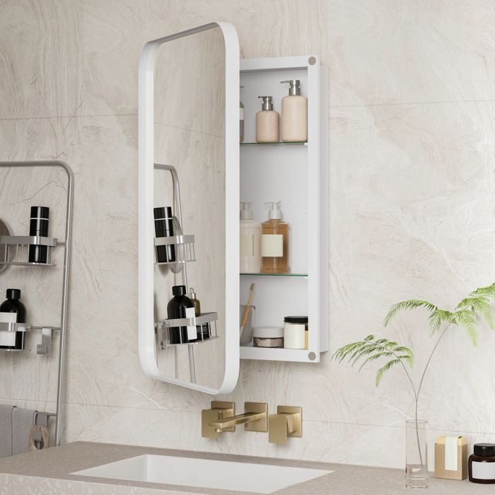 COVREO Armoire miroir rectangulaire murale ou encastrable cadre métal 2 étagères en verre blanc