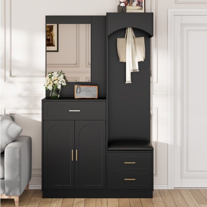 COVREO Meuble dentrée compact avec miroir penderie banc à chaussures et rangement noir 110x33x185 5 cm