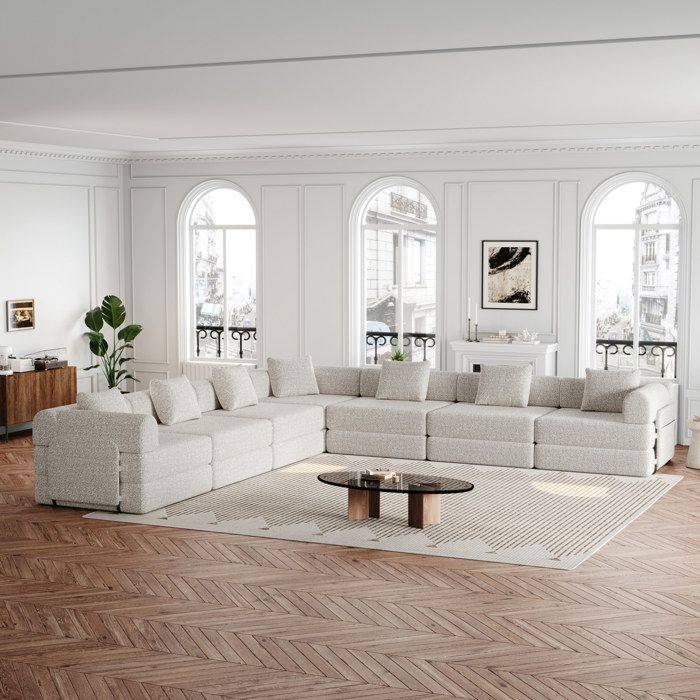 JOINERY canapé angle modulable convertible 6 places chenille kaki rangement accoudoir structure métal base antidérapante