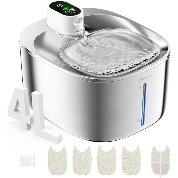 Fontaine a Eau Chat INOX s Fil en Acier 4L Fontaine pour Chat avec Capteur Autatique Ultra Silencieux avec Batteri FONTAINE A EAU