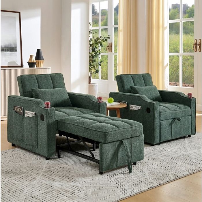 WOVREO Fauteuil convertible 1 place 3 en 1 190 cm avec USB et USB-C porte-gobelet inox dossier 3 positions vert