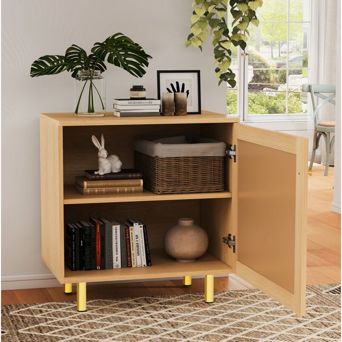 Buffet Bas 1 Porte avec Étagère en Rotin Tressé - ELVMI - Aspect Bois Naturel pour Salle à Manger 60×40×63 cm