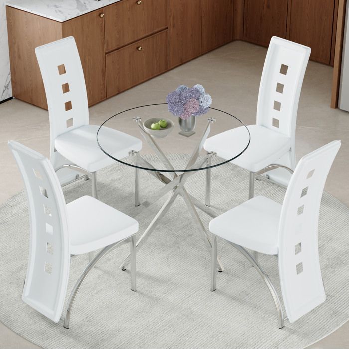 Table de Salle à Manger Ronde 4 Personnes avec 4 Chaises en Verre Trempé - ELVMI - Similicuir PU Blanc Argenté