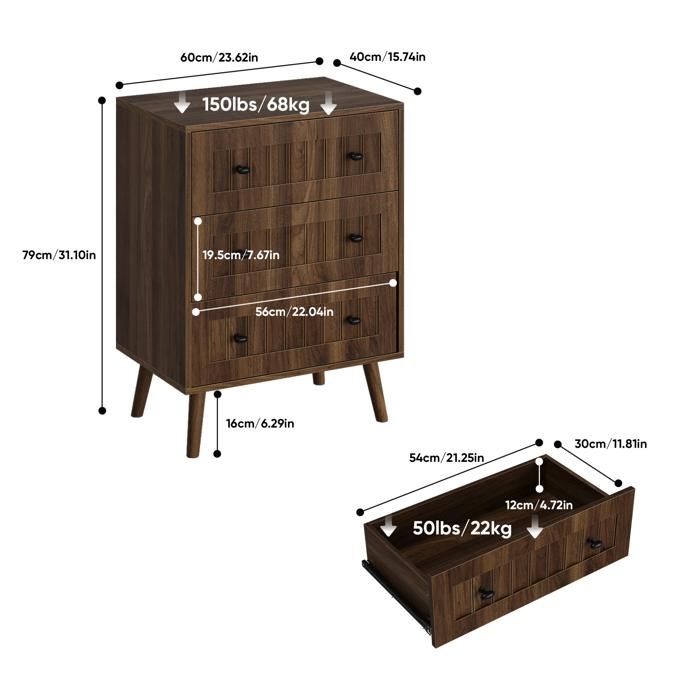 Commode 3 tiroirs en MDF avec pieds en bois massif pour chambre salon entrée noyer 60 × 40 × 79 cm - UVRION