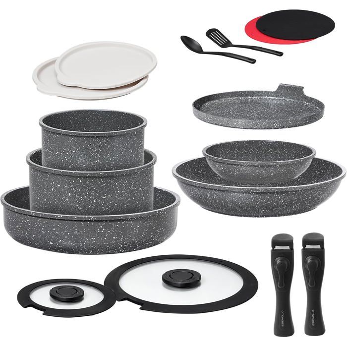 Batterie Cuisine 16 Pièces Induction Poêles Et Casseroles Céramique Sans PFAS Poignées Amovibles Empilable Gris