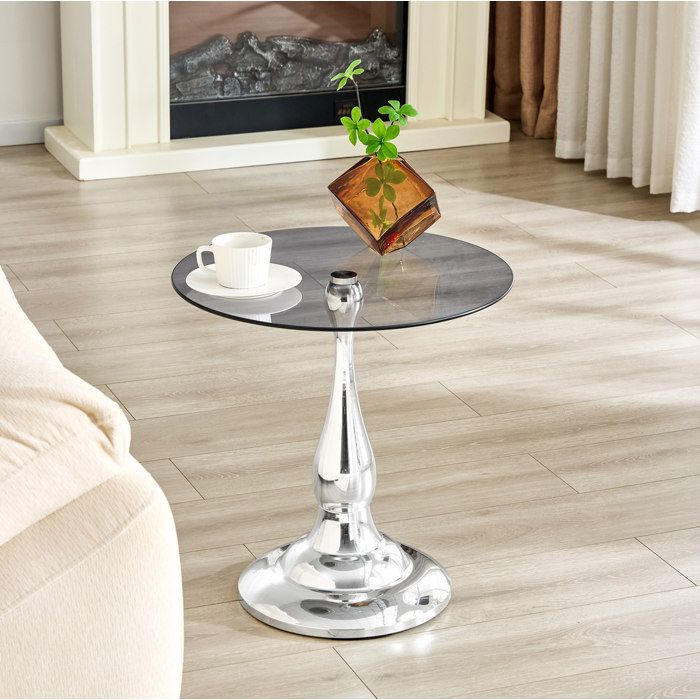 Table DAppoint Ronde Verre Argenté Guéridon Moderne FloraGrace Pour Salon Ou Chambre Base Stable Antidérapante 50x50x515cm