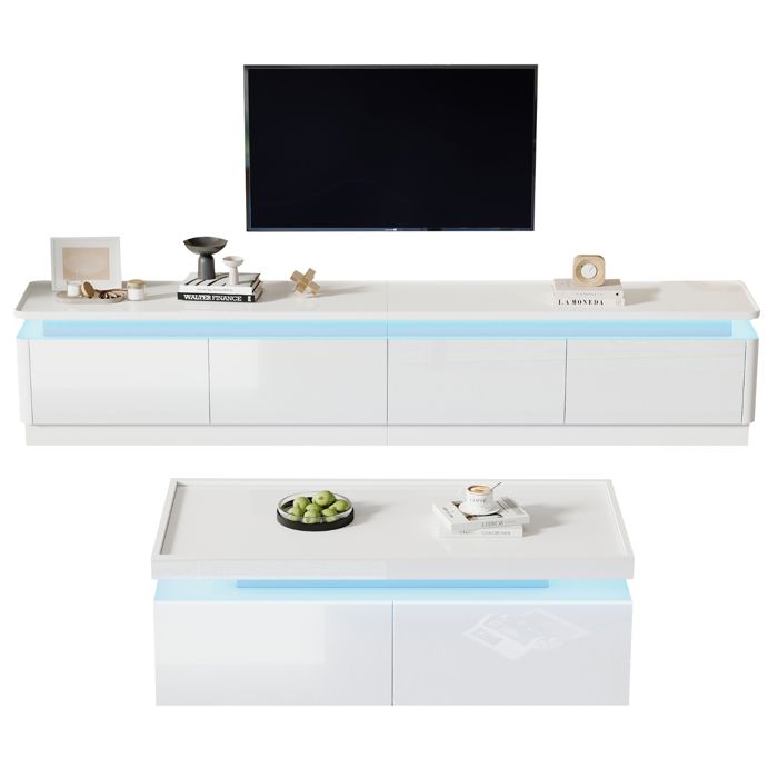 Ensemble meuble TV + table basse blanc brillant minimaliste LED 4 tiroirs pour TV 75 pouces