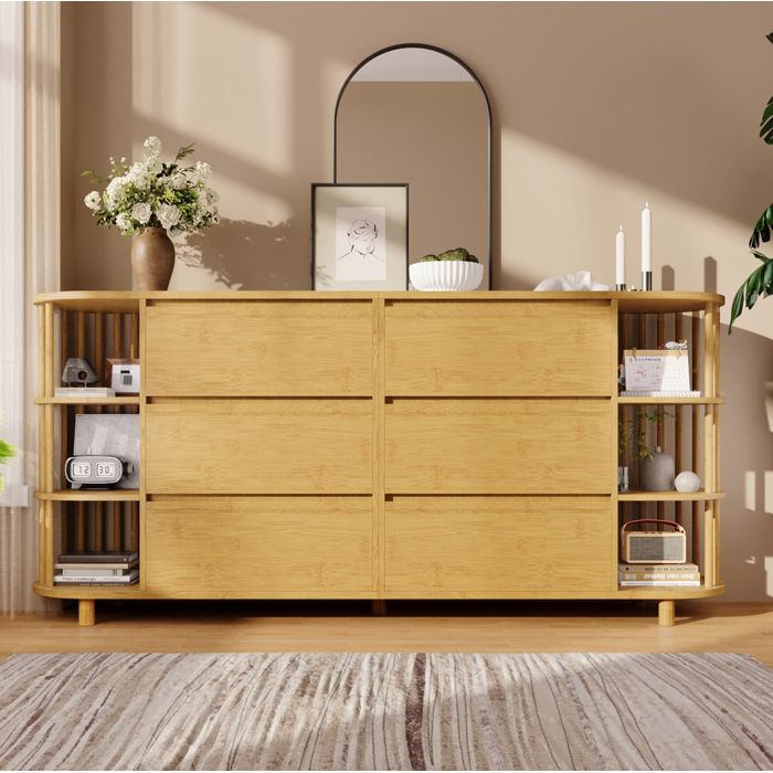 Buffet bas SENVIRO 160 x 40 x 75 cm chêne MDF et bambou 6 tiroirs rangements ouverts pieds réglables anti-basculement