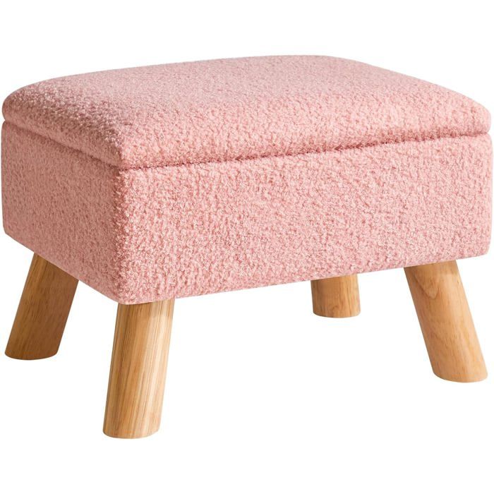 Pouf de rangement rose en velours teddy - repose-pieds avec pieds en bois et siège rembourré 40 x 30 x 28 cm pour salon