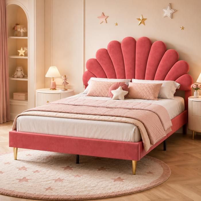 Lit enfant rembourré 140x200cm Tête de lit en forme de pétale Lit capitonné avec sommier à lattes Lit double Velours bordeaux