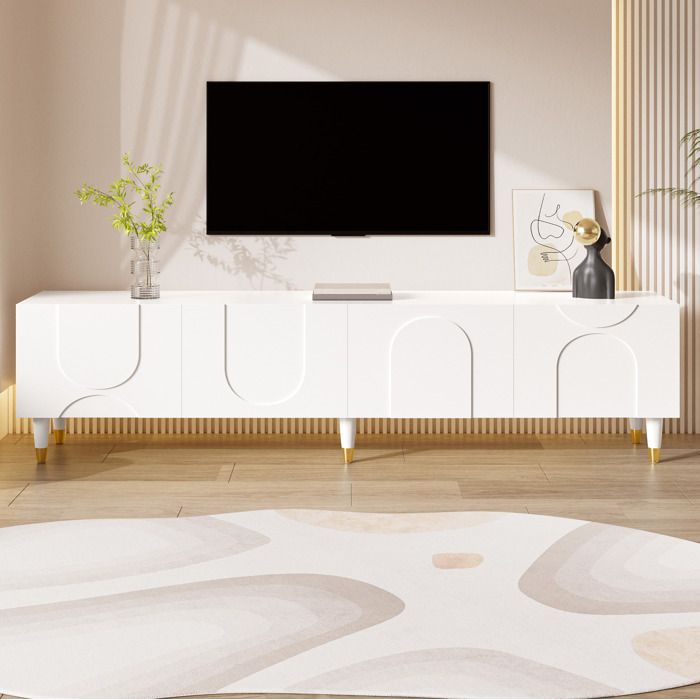 Meuble TV blanc 180 x 40 x 50 cm 4 portes relief en arc asymétrique rangement multiple pieds en bois massif