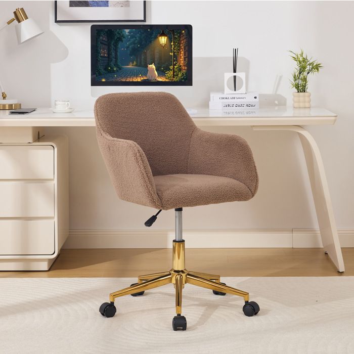 COVREO Fauteuil de bureau Teddy marron réglable pivotant 360° avec accoudoirs et pied doré