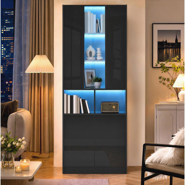 COVREO Armoire haute vitrine 70 x 35 x 180 cm LED contrôlable par application fenêtre acrylique noir brillant