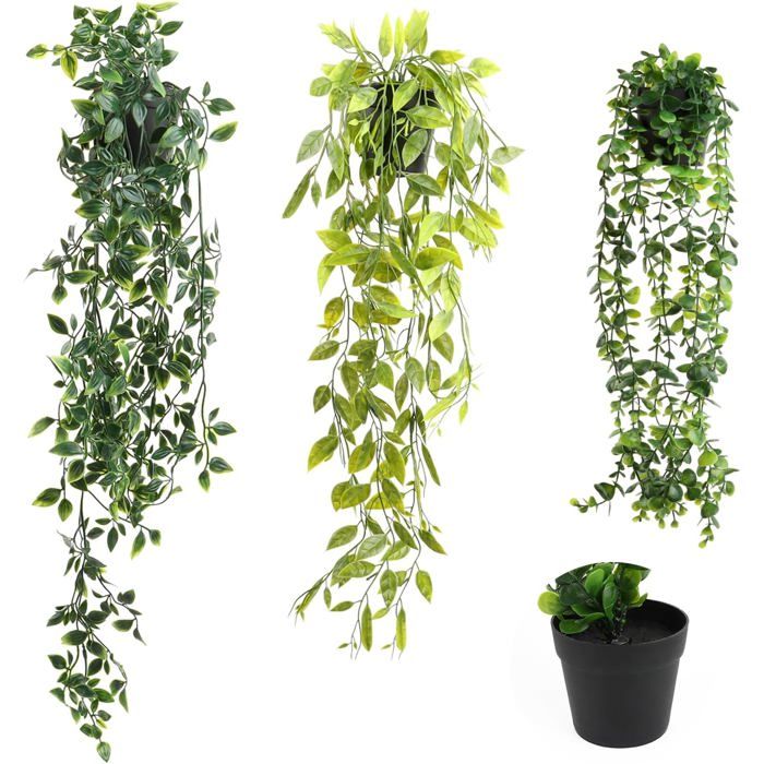 Plante artificielle tombante verte - Lot de 3 - Eucalyptus artificiel - 56 cm 65 cm 80 cm - Plastique