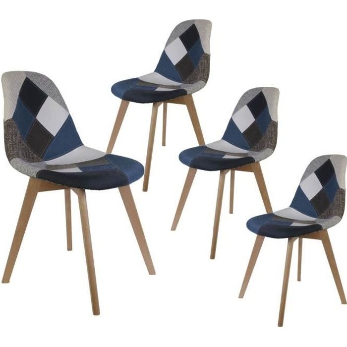 chaises patchwork bleu et gris - altobuy - lot de 4 - style scandinave moderne - pieds en bois massif