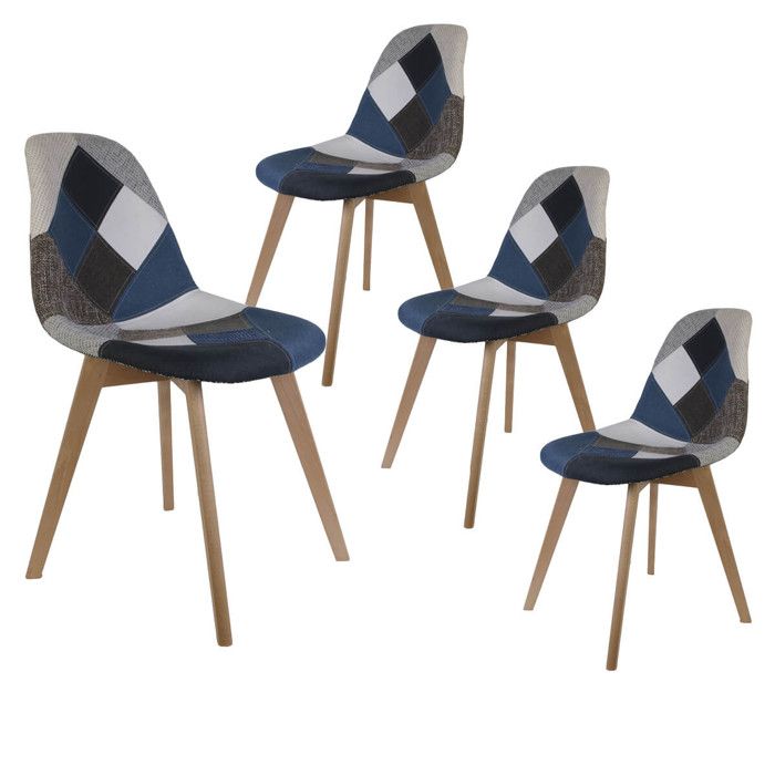 DAMAS - Lot de 4 Chaises Patchwork Bleu et Gris