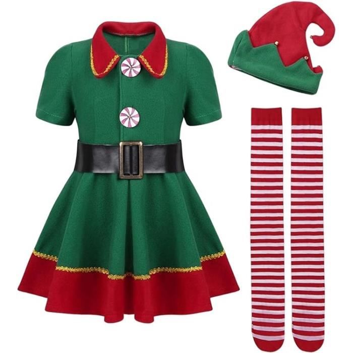 Ensemble de costume delfe de Noël pour Halloween carnaval décoration de Noël Tenue de lutin vert pour femme 130cm