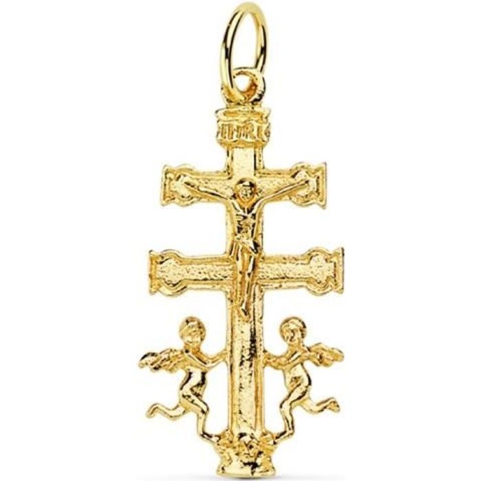 Croix pendentif Caravaca 24mm 18k crucifix dor. Christ anges latéraux suspendus lisses
