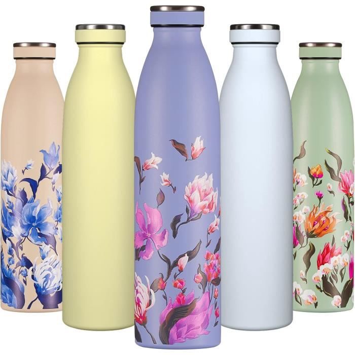 Gourde Inox 750ml, Bouteille d'eau Acier Inoxydable à Double Paroi, Réutilisable, Gourde Isotherme sans BPA, Gourde Métal Étanche, Bouteille Isotherme pour Bureau, École, Gym, Camping, Sport, Yoga