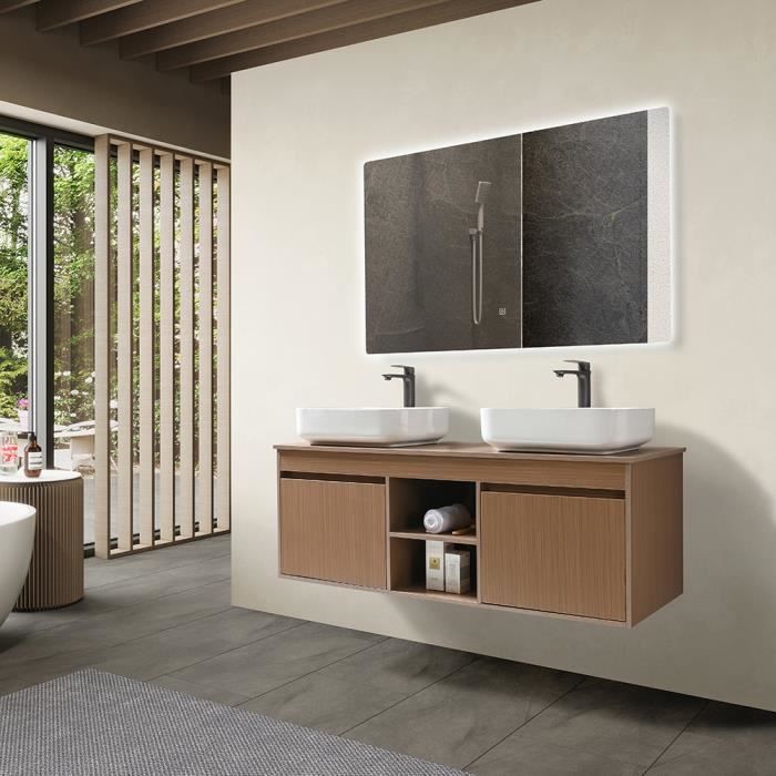 LuxuryBain - Meuble de salle de bain double vasque 140cm bois foncé avec miroir led