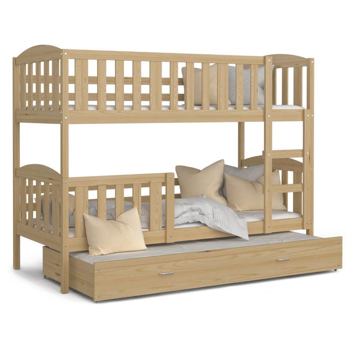 Lit Superposé 3 Places Teo 90x190 gigogne + matelas Pin Lit Superposé 3 Places Teo 90x190 gigogne + matelas Pin