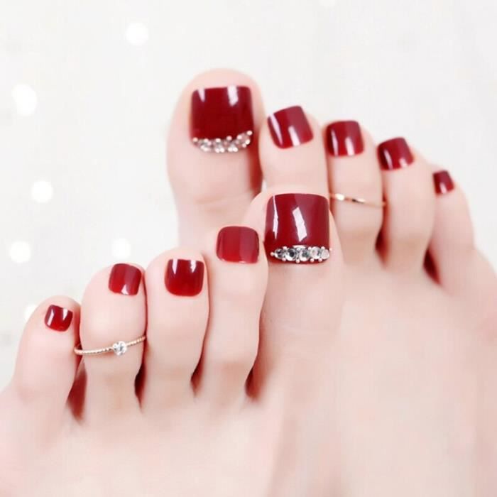 24 Pieces Ensemble Ete Orteil Faux Ongles Avec Strass Vin Rouge Complet Artificiel Faux Ongles Pour Pied Ongles Beaute Avec De La Cdiscount Au Quotidien