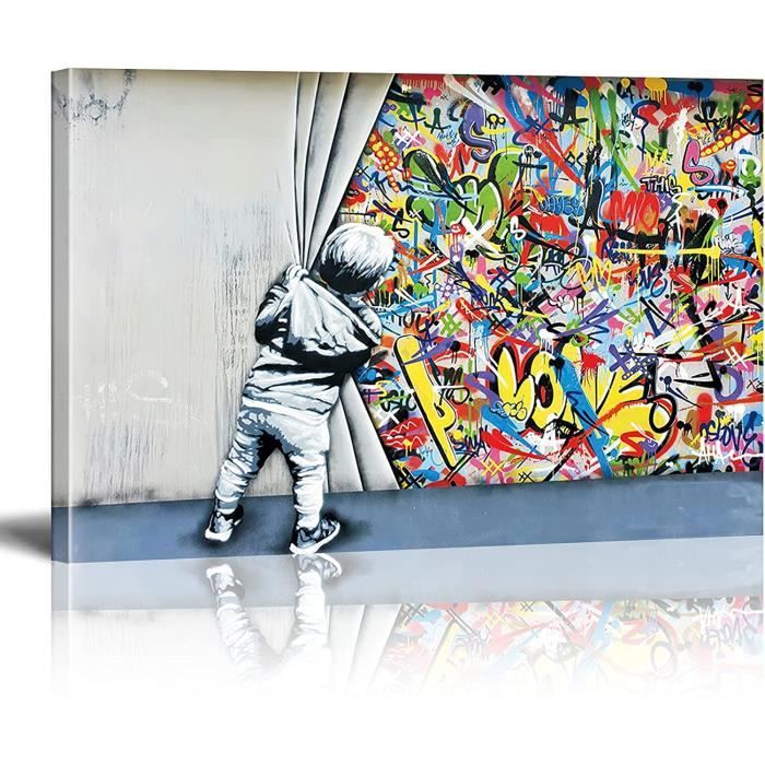 Impression sur Toile intissée Banksy 200x80 cm 5 Pieces Tableau Mural Image sur Toile Photo Images Motif Moderne Decoration tendu sur Chassis Street Art Brique Gris decomonkey