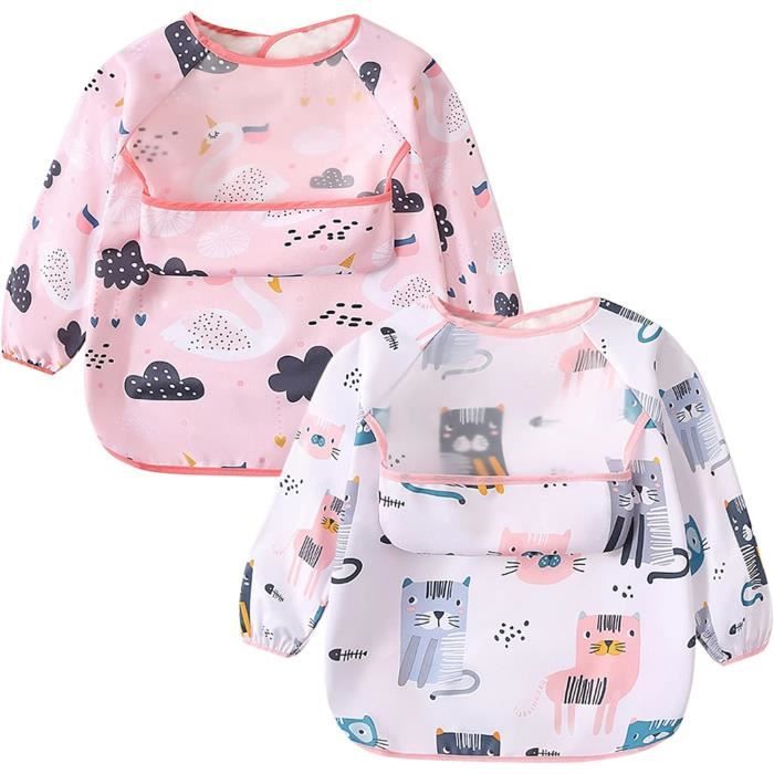 Happy Cherry Lot De 2 Bavoirs Manches Longues Pour Bébé Enfant En Bas Age Imperméable Bavette Tablier D'Alimentation Fille Garçon Etanche Blouse De