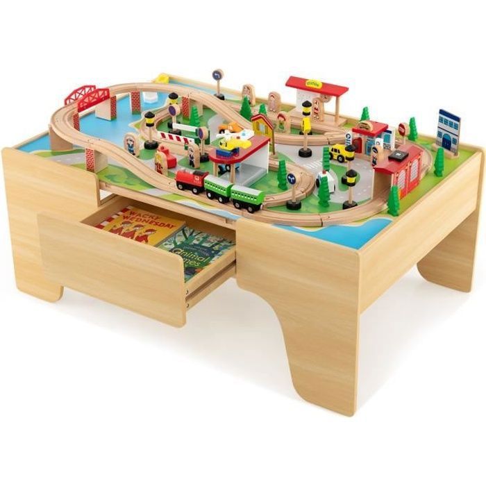 COSTWAY Circuit Voiture Enfant - 84 Accessoires avec Table, Plateau  Réversible 2 en 1, Tiroir Coulissant, Train en Bois pour 3 Ans+ - Cdiscount  Jeux - Jouets