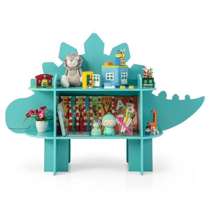 COSTWAY Bibliothèque Enfant à 2 Niveaux en Forme Dinosaure - 6 Étagères Ouvertes Dispositif Anti-Basculement 133x31x87cm 3-12 Ans