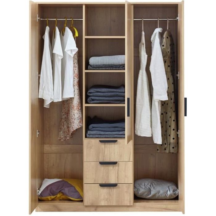 Armoire de chambre Eiselfing 2 penderie 4 étagères 3 tiroirs MDF 176 x 120 x 52 cm effet chêne