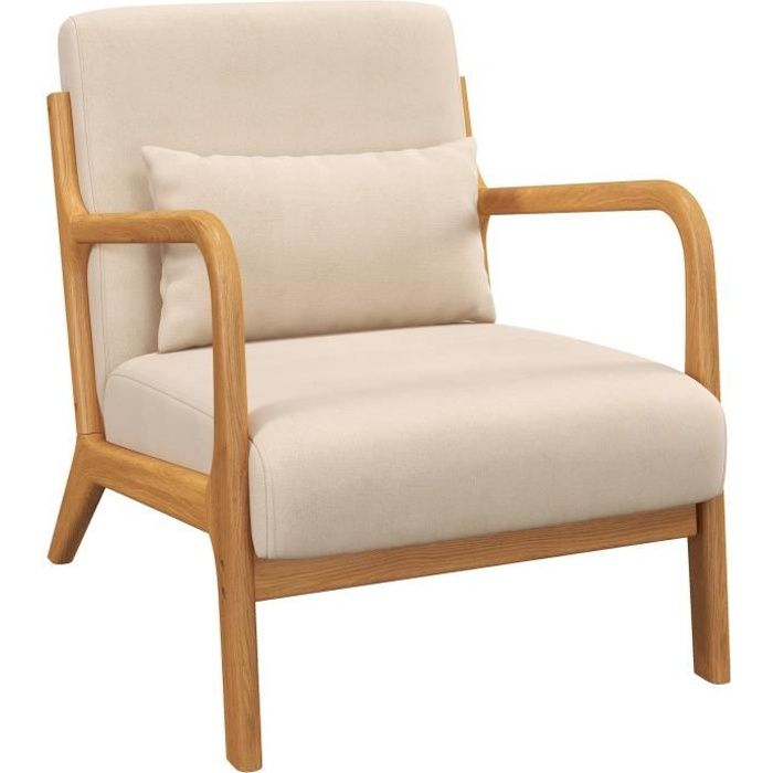 fauteuil lounge - 3 coussins inclus - assise profonde - accoudoirs - structure bois hévéa - aspect velours beige