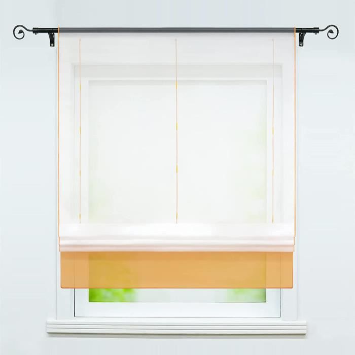 Store Romain Triangle Semi-transparent Avec Franges Et Pompons - Passants En V, Polyester, Blanc (60x140 Cm)