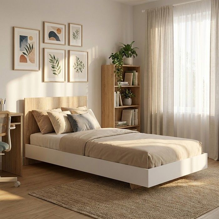 Lit LOFT 90x190 cm + sommier / Décor Blanc & chêne blanchi