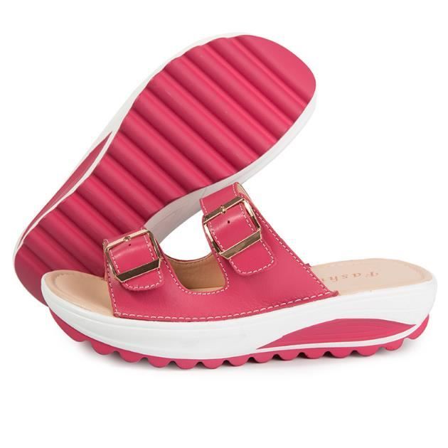 Mules Compensées Femme En Cuir - Bout Ouvert, Semelle épaisse Antidérapante - Confort Pour Maison, Plage, été