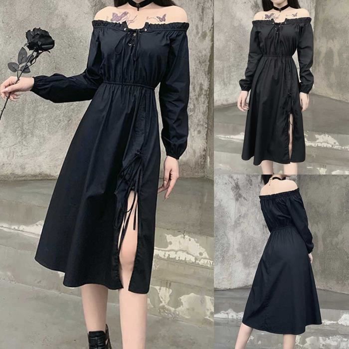 Robe Gothique Steampunk – Dentelle Et Velours Noir – Manches Longues Bouffantes – Mini Robe Femme
